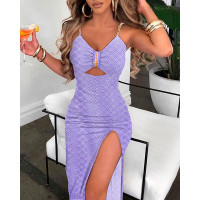 Eyelet Embroidery Chain Strap High Slit Dress - purple