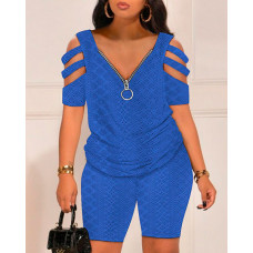 Eyelet Embroidery Cold Shoulder Top & Shorts Set - blue