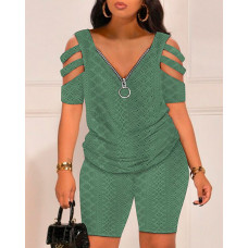 Eyelet Embroidery Cold Shoulder Top & Shorts Set - green