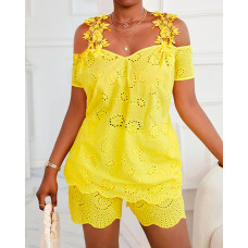 Eyelet Embroidery Cold Shoulder Top & Shorts Set - yellow