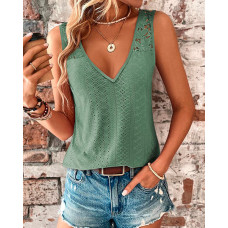 Eyelet Embroidery Crisscross Lace Patch Tank Top - green