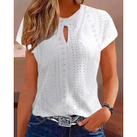 Eyelet Embroidery Keyhole Neck Top - white