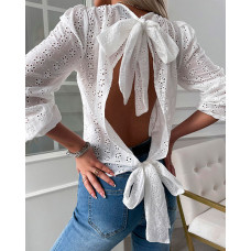 Eyelet Embroidery Knotted Backless Long Sleeve Top - white