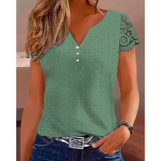 Eyelet Embroidery Lace Patch Buttoned T-shirt - green