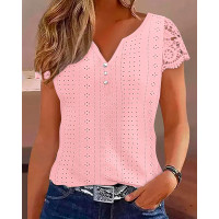 Eyelet Embroidery Lace Patch Buttoned T-shirt - pink