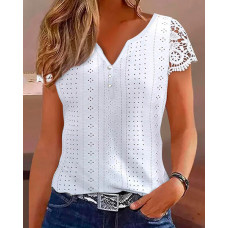 Eyelet Embroidery Lace Patch Buttoned T-shirt - white