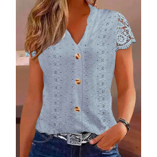 Eyelet Embroidery Lace Patch Casual Tank Top - blue