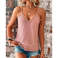 Eyelet Embroidery Lace Patch Tank Top - pink