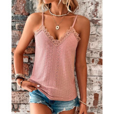 Eyelet Embroidery Lace Patch Tank Top - pink