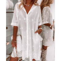 Eyelet Embroidery Lace Short Sleeve Shirt Mini Dress - white