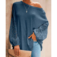 Eyelet Embroidery Lantern Sleeve Top - blue