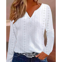 Eyelet Embroidery Notch Neck Casual Blouse - white