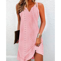 Eyelet Embroidery Notch Neck Casual Dress - pink