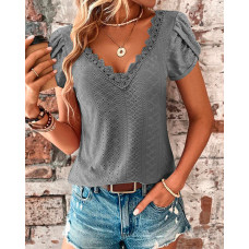 Eyelet Embroidery Petal Sleeve T-shirt - gray