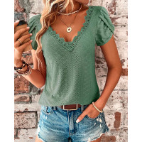 Eyelet Embroidery Petal Sleeve T-shirt - green