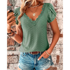 Eyelet Embroidery Petal Sleeve T-shirt - green