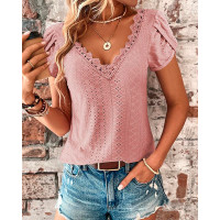 Eyelet Embroidery Petal Sleeve T-shirt - pink