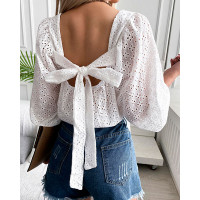 Eyelet Embroidery Puff Sleeve Tied Back Top - white