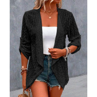 Eyelet Embroidery Roll Up Sleeve Open Front Coat - black