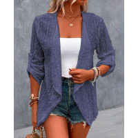 Eyelet Embroidery Roll Up Sleeve Open Front Coat - blue