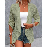 Eyelet Embroidery Roll Up Sleeve Open Front Coat - green