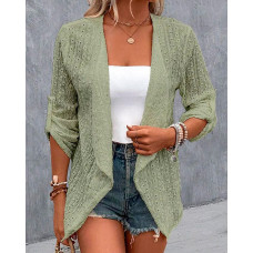 Eyelet Embroidery Roll Up Sleeve Open Front Coat - green