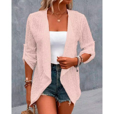 Eyelet Embroidery Roll Up Sleeve Open Front Coat - pink