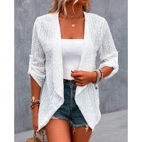 Eyelet Embroidery Roll Up Sleeve Open Front Coat - white