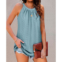 Eyelet Embroidery Ruched Casual Tank Top - blue