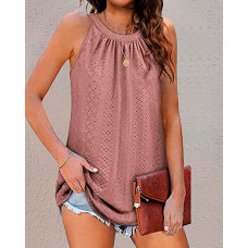 Eyelet Embroidery Ruched Casual Tank Top - pink