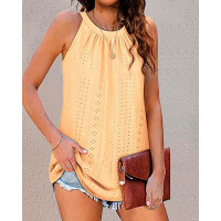 Eyelet Embroidery Ruched Casual Tank Top - yellow