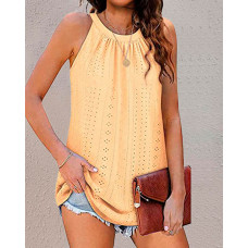 Eyelet Embroidery Ruched Casual Tank Top - yellow