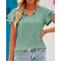 Eyelet Embroidery Ruffle Sleeve Top - green