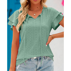 Eyelet Embroidery Ruffle Sleeve Top - green