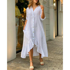 Eyelet Embroidery Ruffles Dip Hem Shirt Dress - white