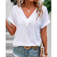 Eyelet Embroidery Short Sleeve Casual T-shirt - white