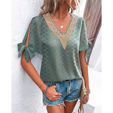 Eyelet Embroidery Split Sleeve Top - green