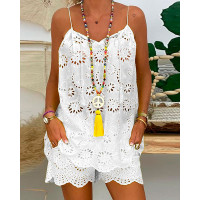 Eyelet Embroidery Tassel Top & Shorts Set - white