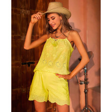 Eyelet Embroidery Tassel Top & Shorts Set - yellow