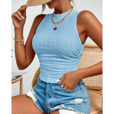 Eyelet Embroidery Textured Ruched Tank Top - sky blue