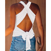 Eyelet Embroidery Tied Detail Backless Top - white