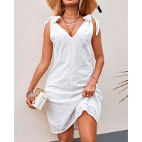 Eyelet Embroidery Tied Detail Sleeveless Casual Dress - white