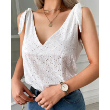 Eyelet Embroidery Tied Detail Sleeveless Top - white