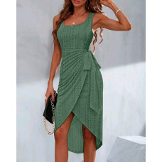 Eyelet Embroidery Tied Detail Slit Casual Dress - green