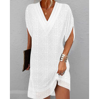 Eyelet Embroidery V-Neck Half Sleeve Casual Dress - white