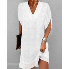 Eyelet Embroidery V-Neck Half Sleeve Casual Dress - white