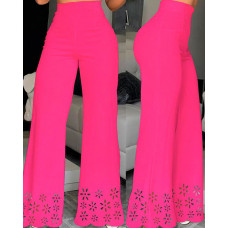 Eyelet Embroidery Wide Leg Bootcut Pants - hot pink