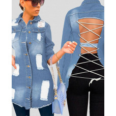 Eyelet Lace-Up Backless Ripped Buttoned Denim Coat - blue