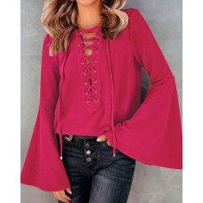 Eyelet Lace Up Bell Sleeve Casual Top - hot pink