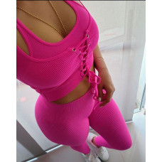 Eyelet Lace-up Crop Top & High Waist Pant Set - hot pink